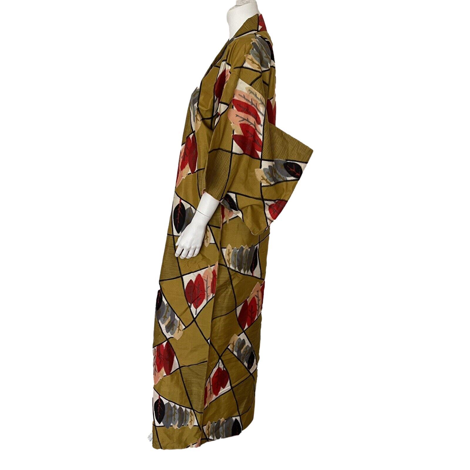 Kimono Duster Long Handmade Leaf Print Multicolor Gold Red White Pink Gray OS