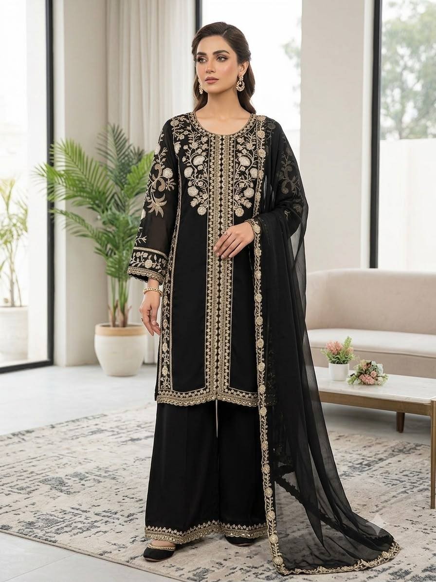 New Designer Black Roman Kurta Palazzo With Dupatta For Party Wear