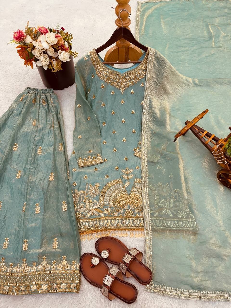 New Launching Silk Sea Green Top Palazzo With Dupatta For Indian Party Wear