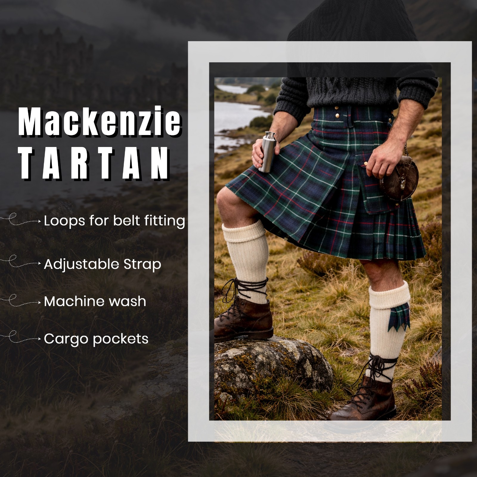 Mackenzie Tartan Utility Kilt Package – Acrylic Wool Kilt, Hose, Flashes