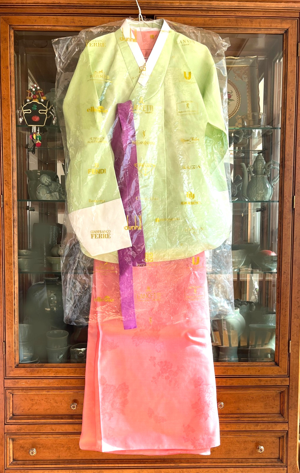 Korean Traditional Dress Dangui Hanbok Set-Green & Peach/Petticoat 2 Norigae Bag