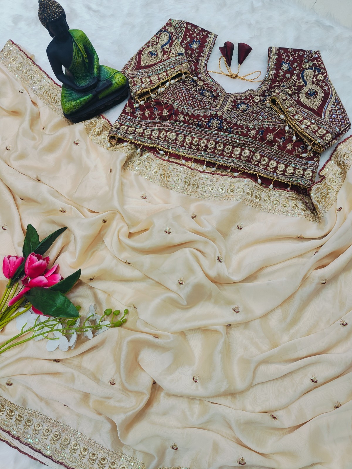 Off White Organza Saree Heavy Embroidered Designer Maroon Blouse Wedding Wear