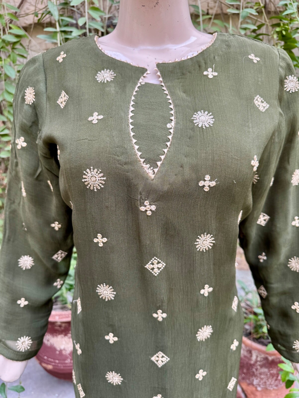 Pakistani Mahendi Green Straight Style Embroidered Sequins 3pcs Chiffon Dress,S