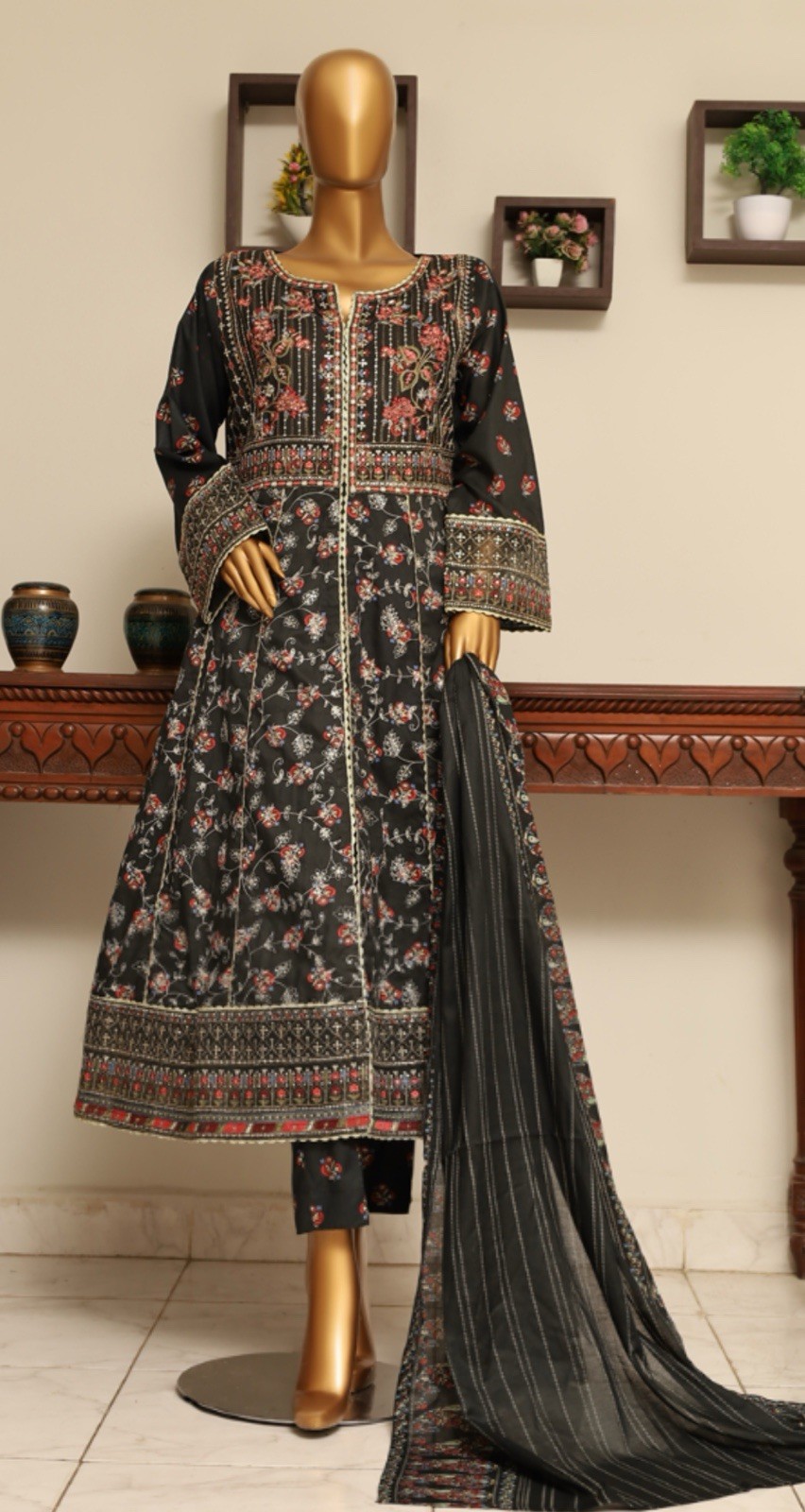 Black Pakistani Cotton Salwar Kameez with Floral Embroidery & Dupatta for Women