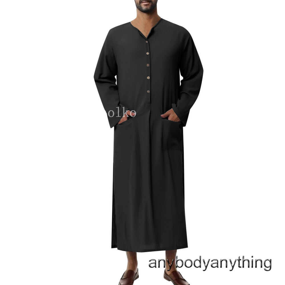 Mens Cotton Muslim Clothing Long Sleeve Islamic Saudi Arab Kaftan Robe Loose Fit