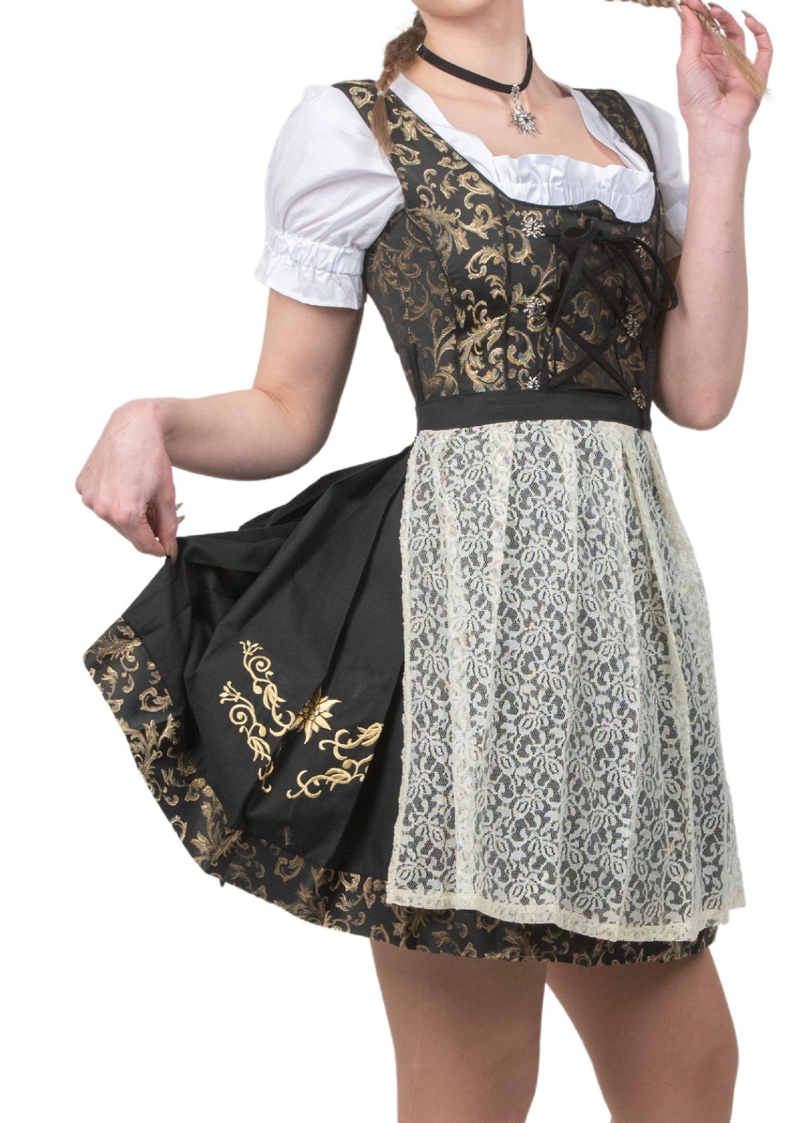 S 8 German Dirndl 3 Piece Set Dress + Apron + Top OKTOBERFEST Embroidered Party