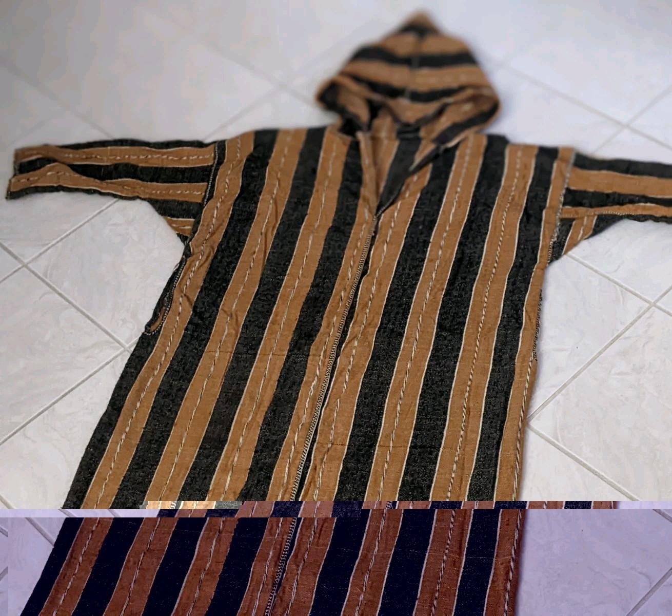 Vtg Handmade Moroccan Djellabah Stripes Jellaba Kaftan Wool Hooded Thobe Long