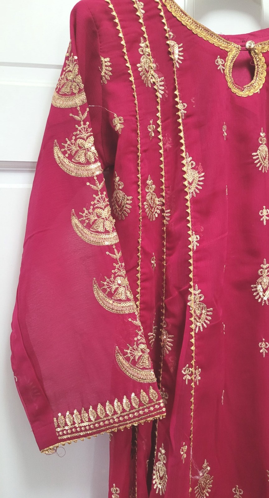 3pc Embroidered Sequin Cotton Chiffon Salwar Kameez & Dupatta – Berry Red – M