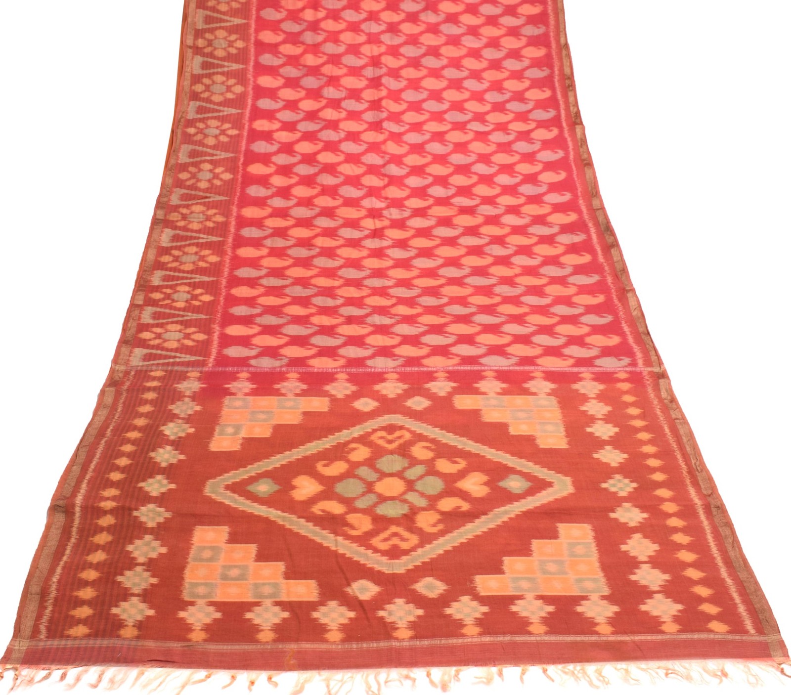 Sushila Vintage Sambalpuri Ikat Saree Hand Woven Pure Silk Red Sari Fabric