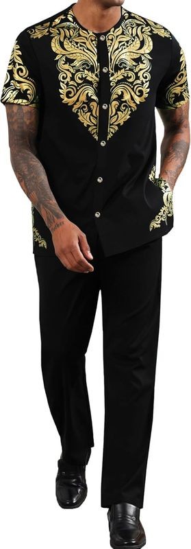 Mens African 2 Piece Set Nigerian Dashiki Metallic Short Sleeve Suit Gold Stamp