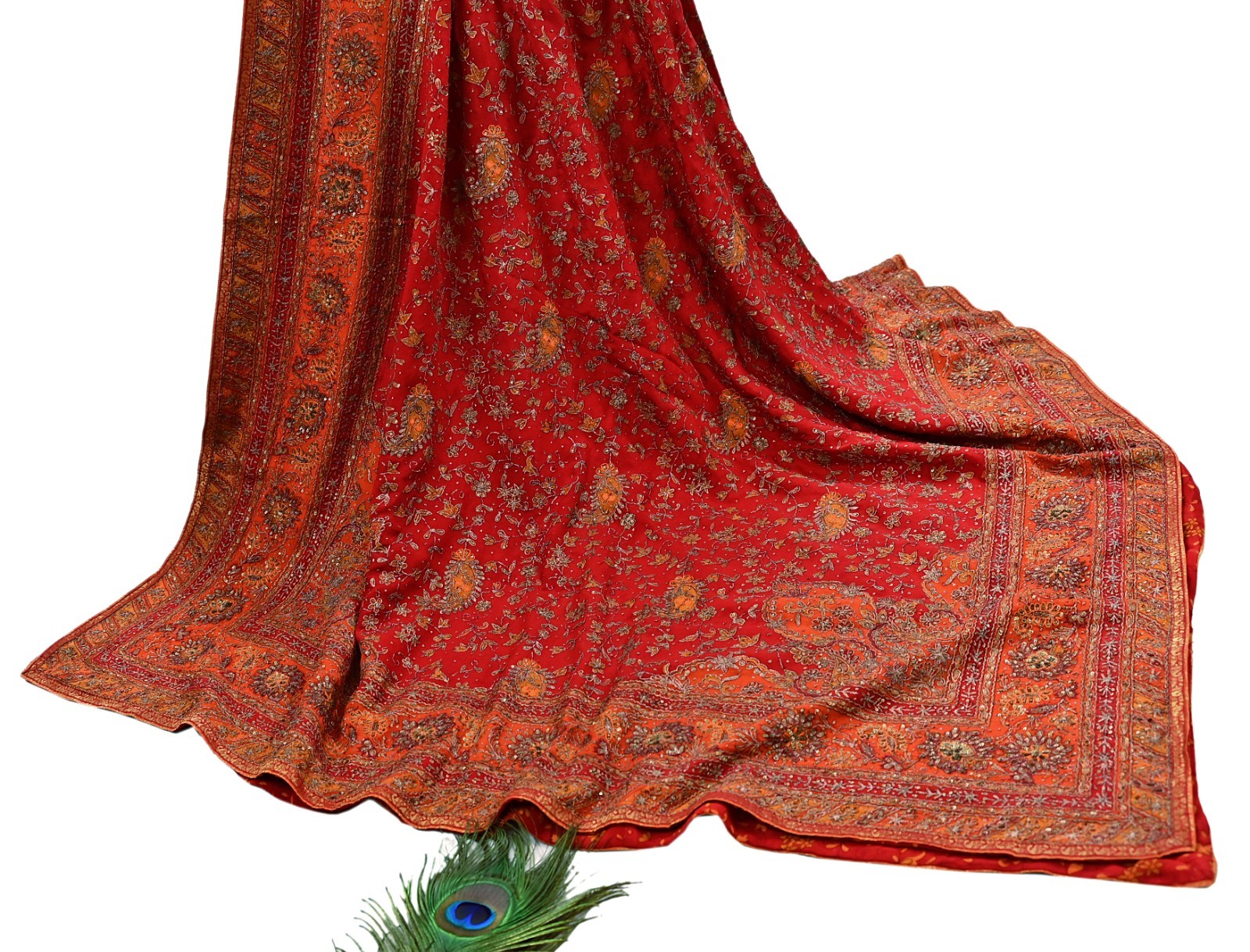 Pre-owned Orange Pure Silk Hand Embroidered Ritu Kumar Designer Lehenga 3pcs set
