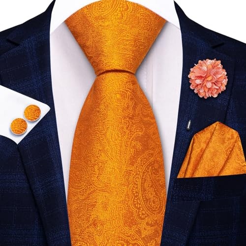 Zipper Ties for Men Pre-Tied Tie Set Silk Paisley Adjustable Light Orange