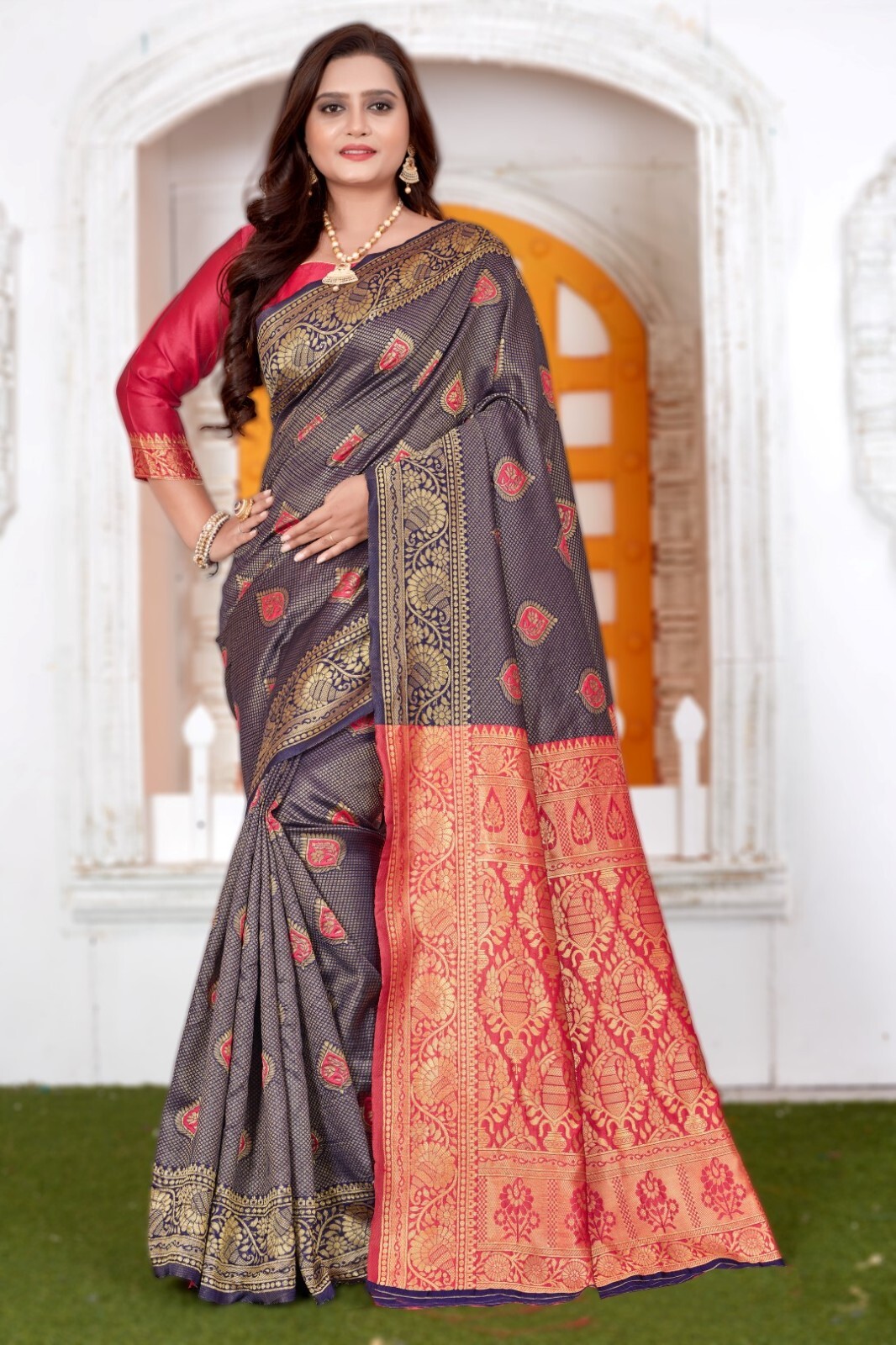 Women Ethnic Wear Gold Zari Design Navy Blue Red Pallu Rich Soft Silk Saree