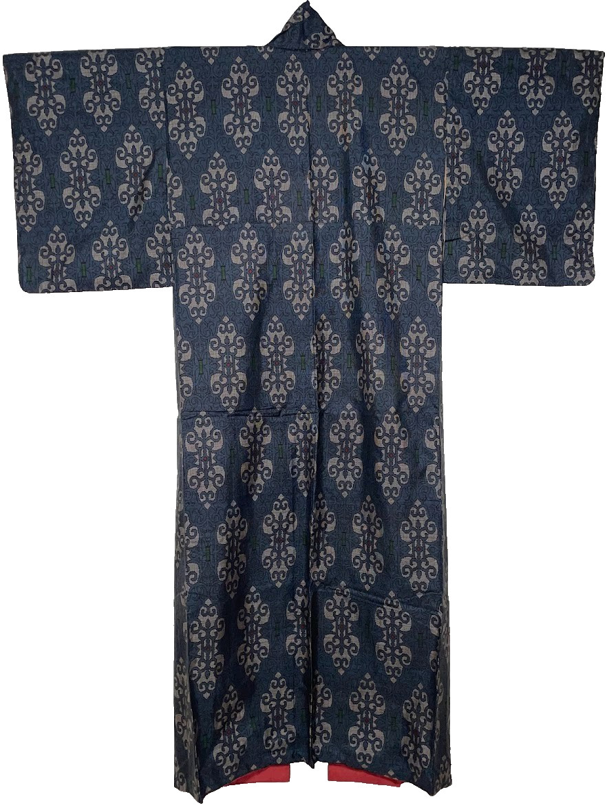 Oshima Tsumugi Japanese Kimono Silk 7-Maruki Indigo Blue Geometric Handwoven S