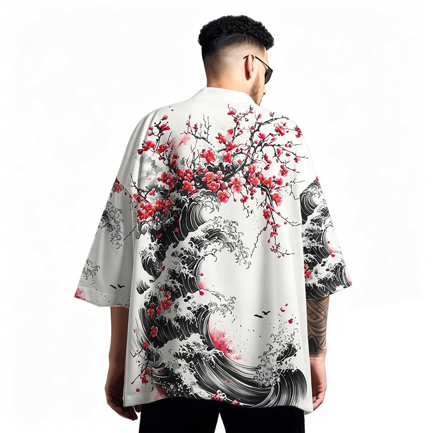 Niepce Men’s Japanese Graphic Lightweight Blossom Waves Kimono Cardigan Shirt