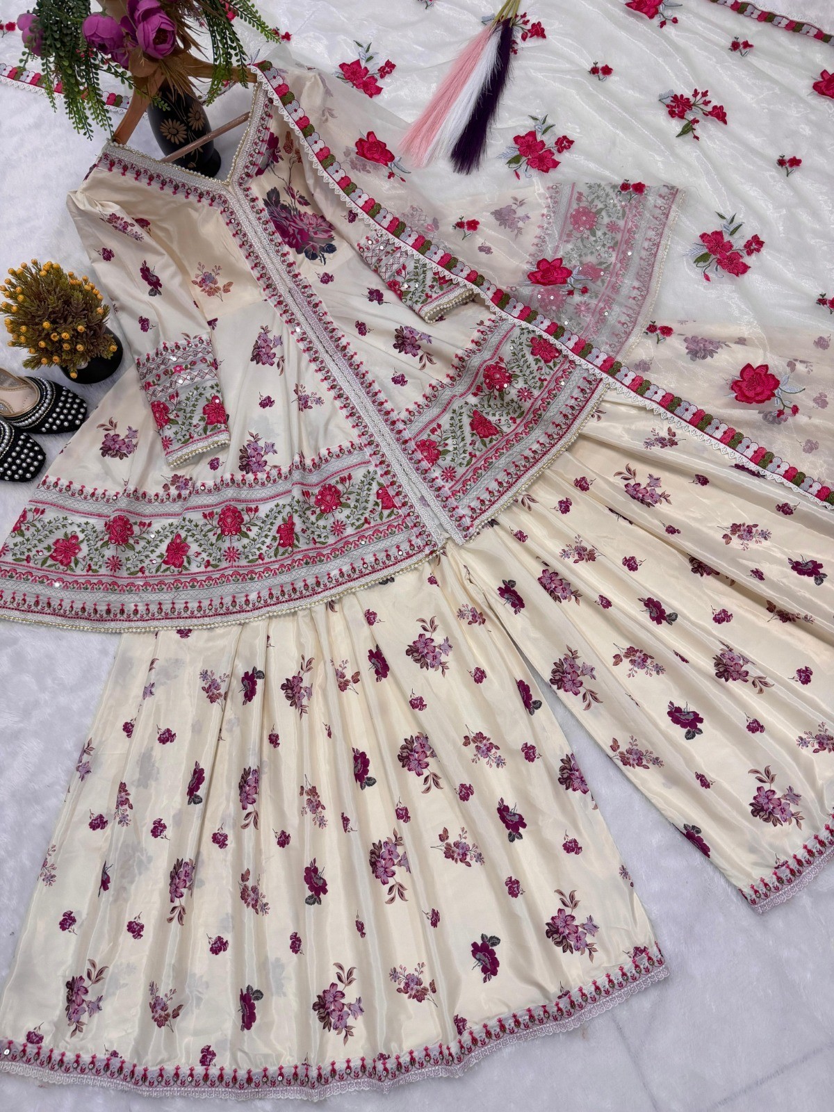 Heavy Natural Crep Silk and Multi Cotton Dagha With 5mm Embroidery