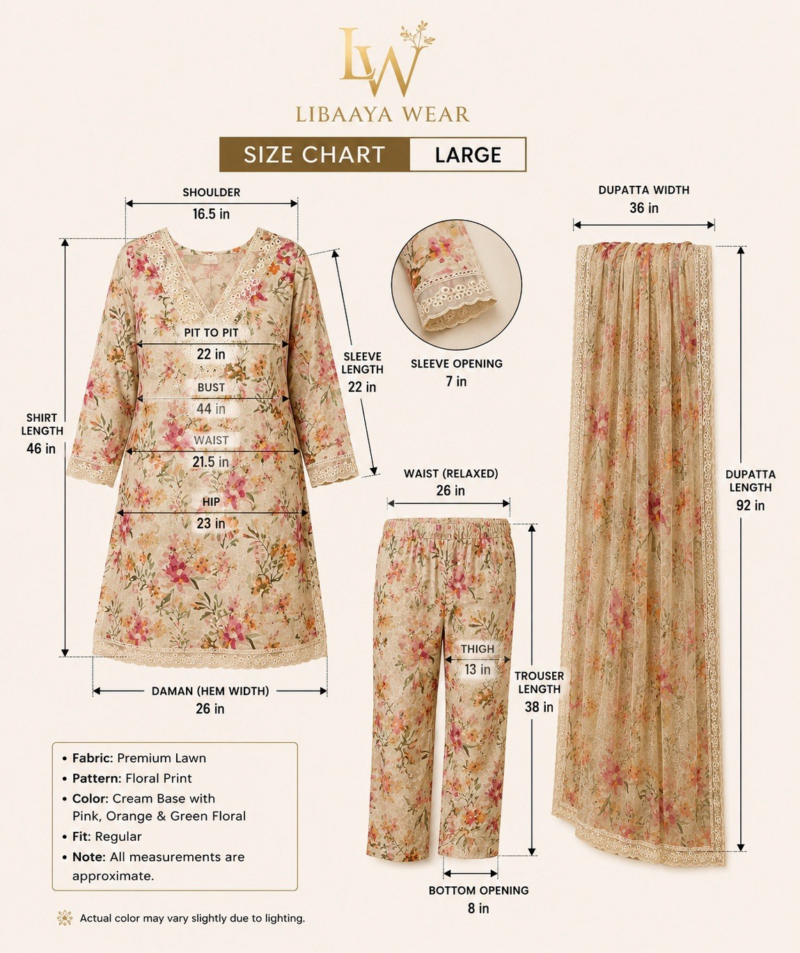 LIBAAYA Wear Women’s 3-Piece Lawn Salwar Kameez Dupatta Cream Floral L
