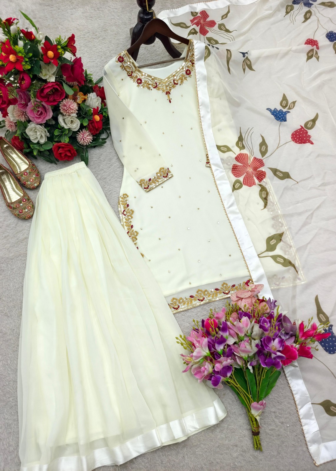 Elegant White Faux Georgette Kurta Palazzo With Dupatta For Party Wear