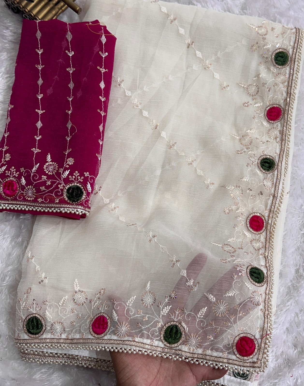 Elegant White Sonic Crush Saree with Velvet Cutting & Pearl Lace, Gift For Her