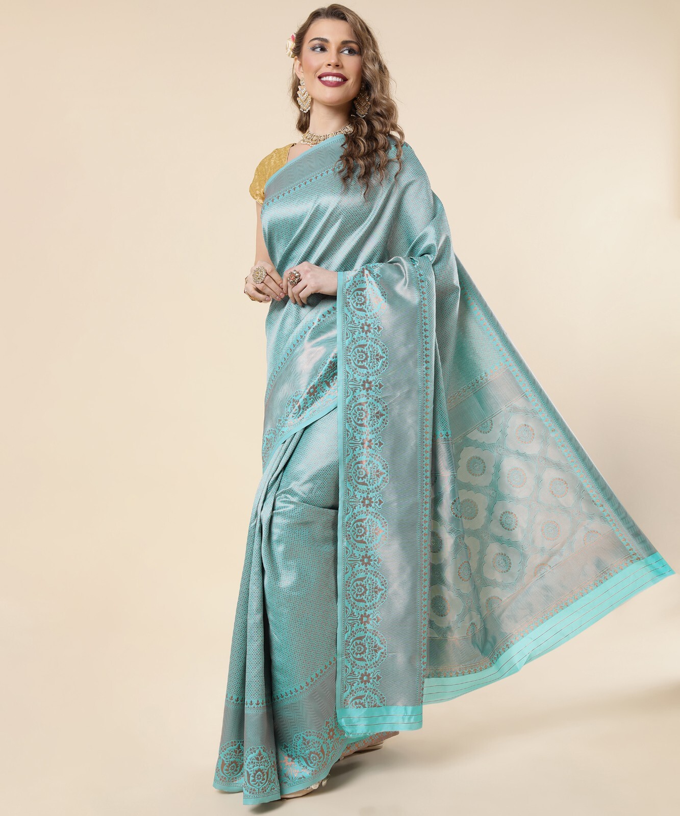 Areca Designer Barcade Sky Bindi Silk saree blouses women Saree Cut – 5.5 Meter