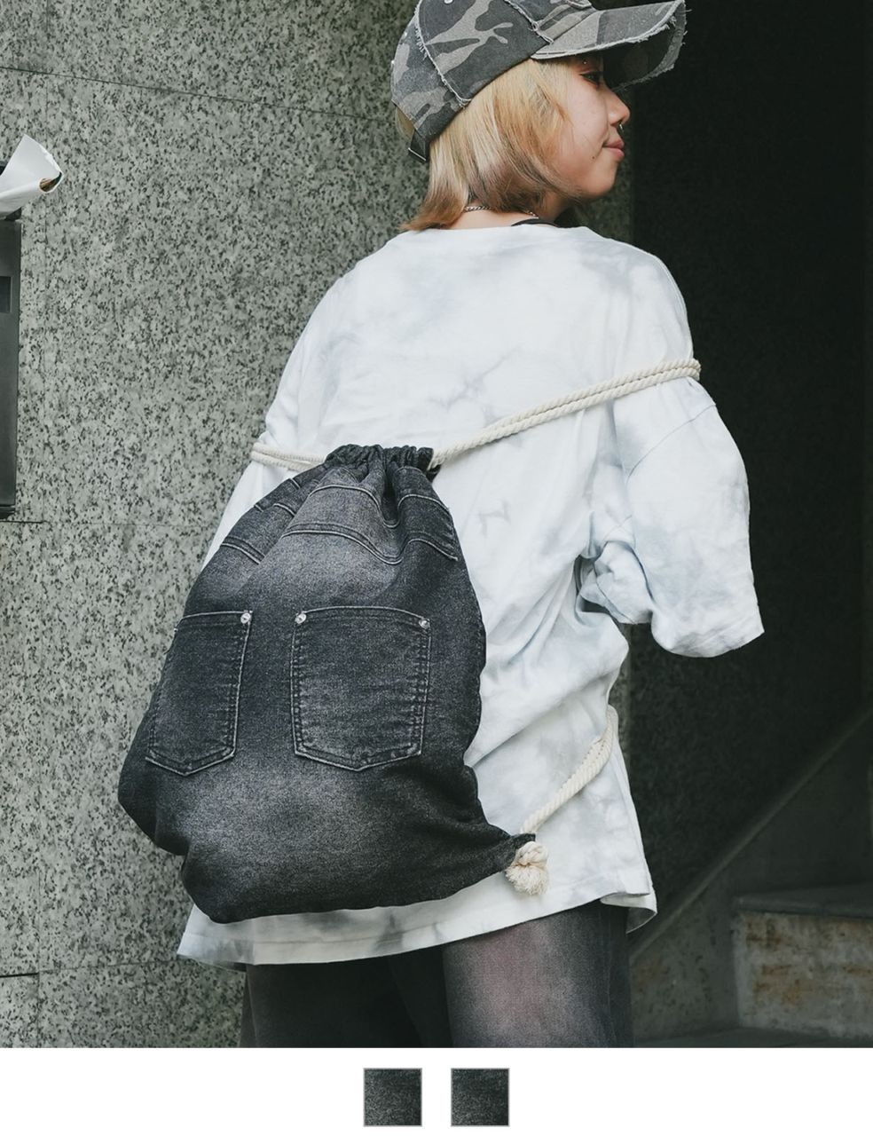 DEVICE Washed Denim Drawstring Backpack Unisex Vintage Finish RRD24049