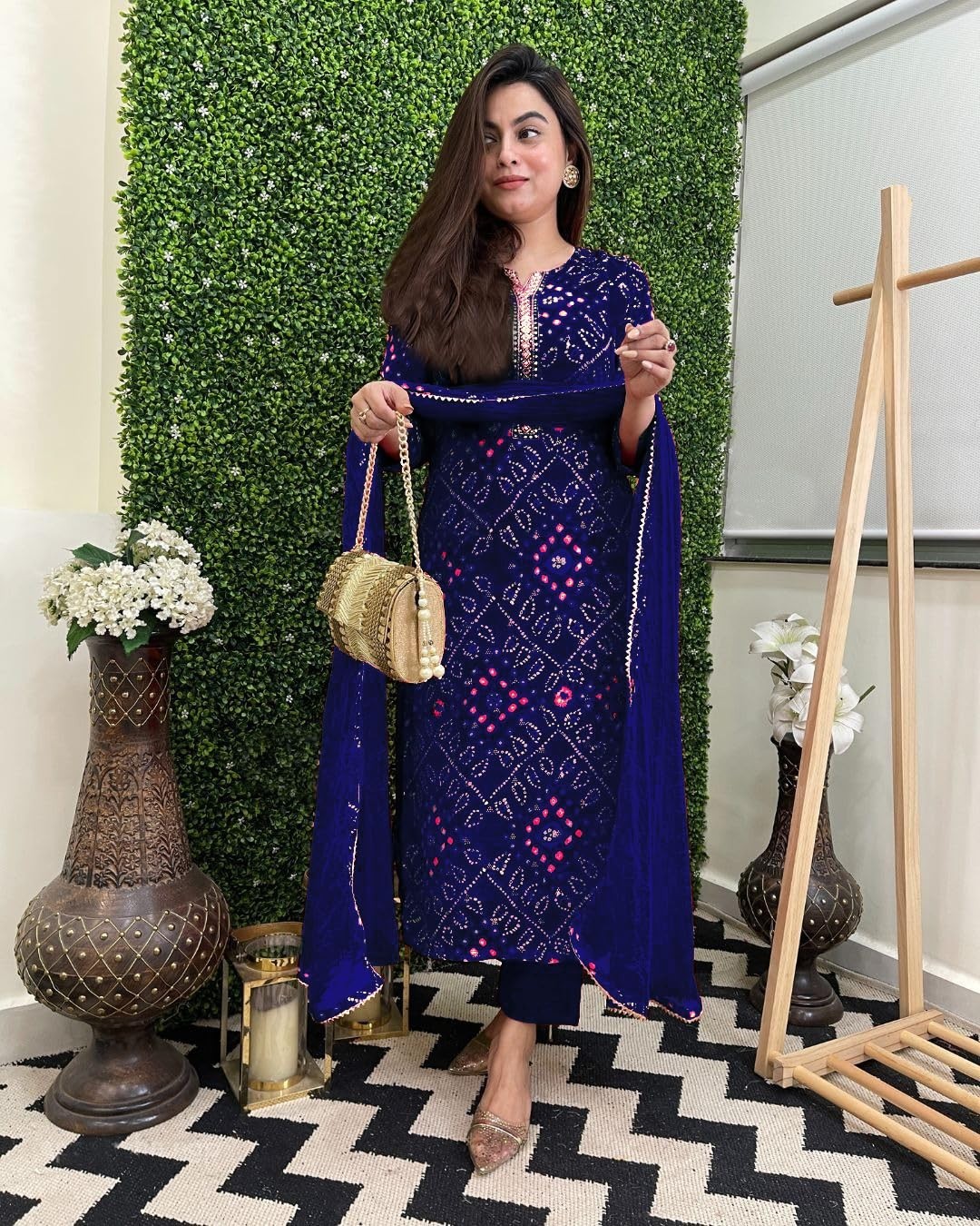 Women’s Rayon Viscose Straight Bandhej Printed Kurta with Pant & Dupatta