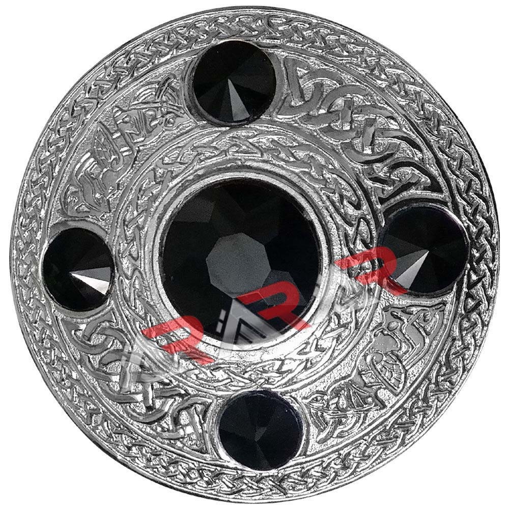 AAR Men’s Celtic Kilt Fly Plaid Brooch Black Stones Silver 4″/ Scottish/Highland