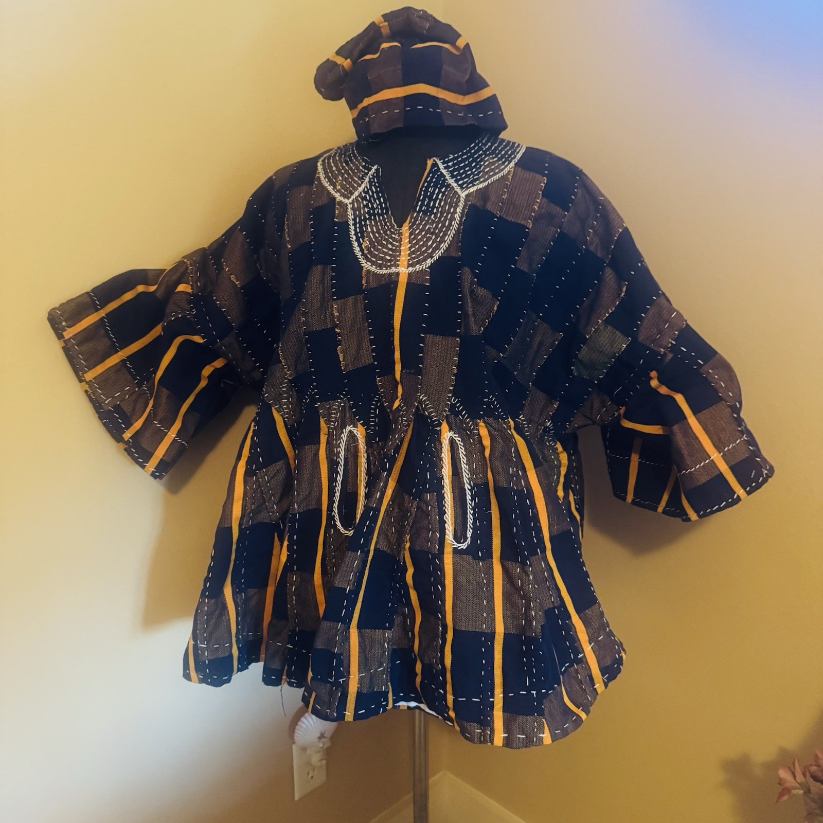 Ghana Handwoven Fugu Batakari Smock Tunic & Hat Heavy Cotton Blue Gold OS Vintag