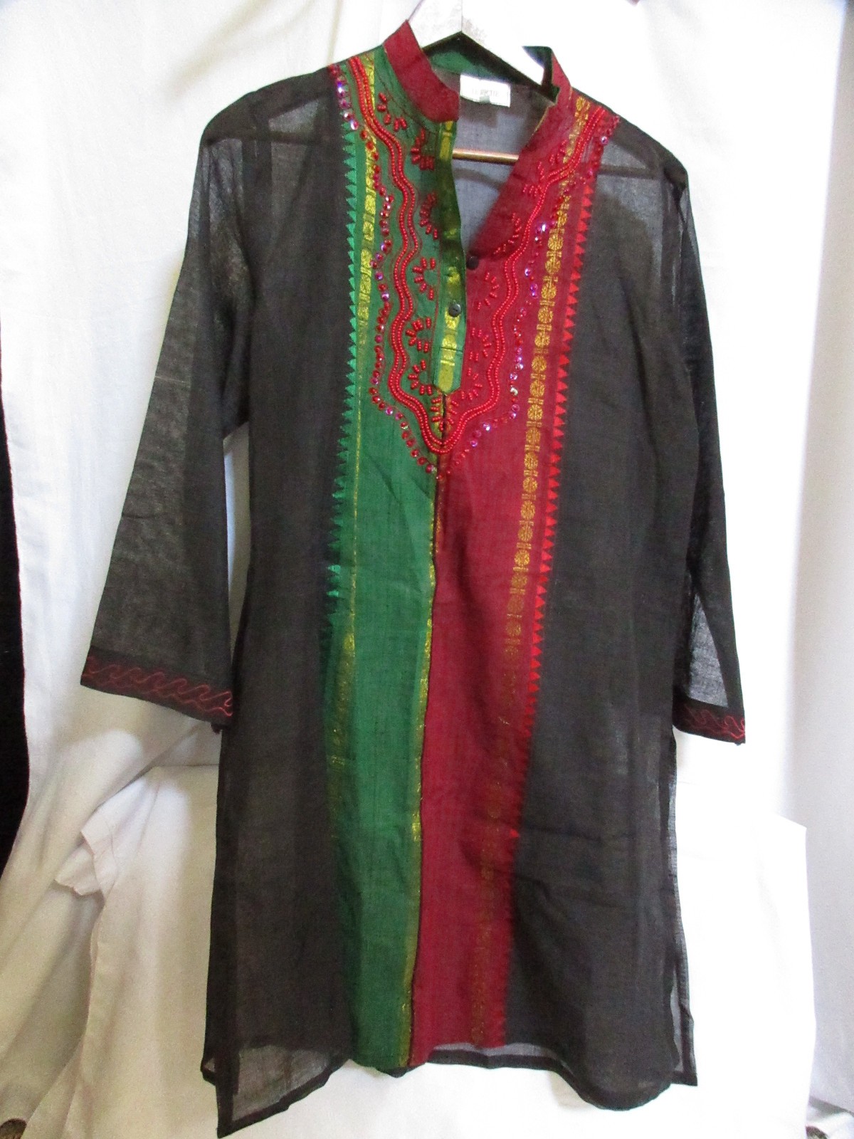 Le Riche Kurta Black Red & Green Unisex South Asian Tunic Metallic SZ XXXL EUC
