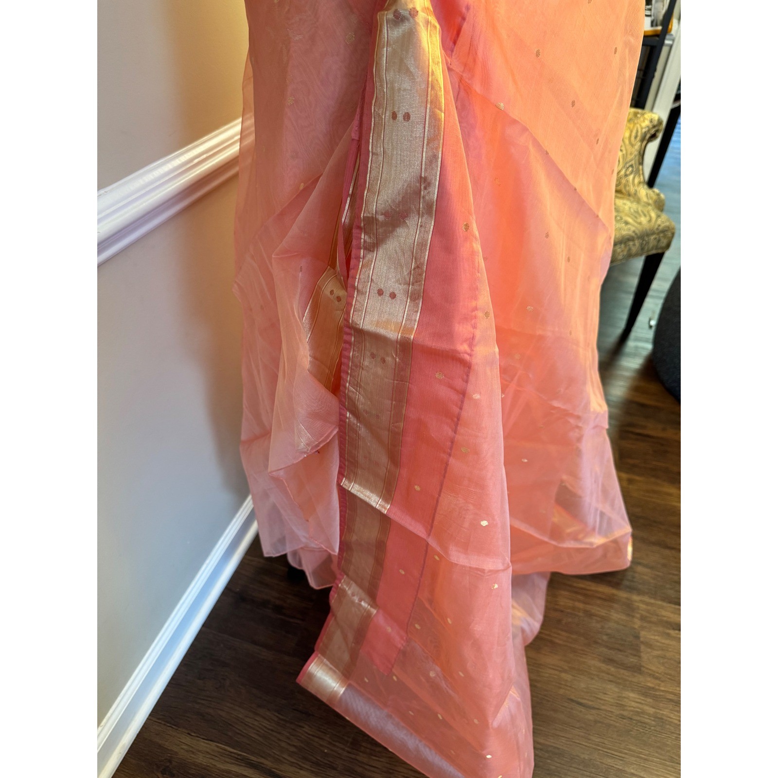 Peach Tissue Coral Gold Zari Embroidered Saree Set w Cotton Petticoat Indian