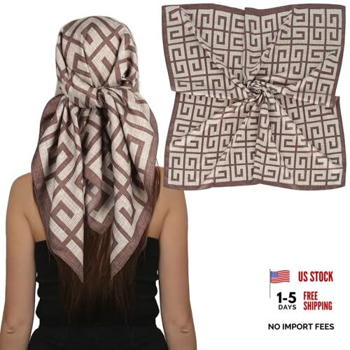 Women’s 35 inch Fashion Headscarf Silk Satin Scarf for Hair Khaki Back Pattern