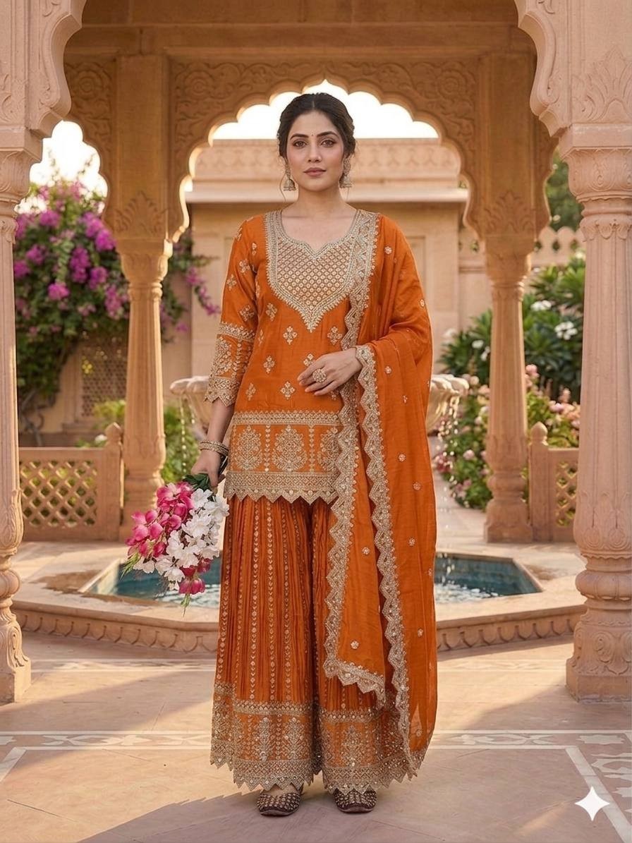 New Launch Orange Chinon Silk Top Palazzo With Dupatta For Reception Wear