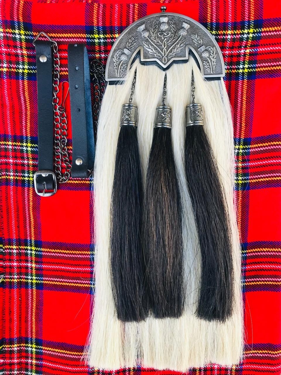 WHITE 100% ORIGINAL HORSE HAIR SPORRAN THISTLE CANTLE BAGPIPER KILT LONG SPORRAN