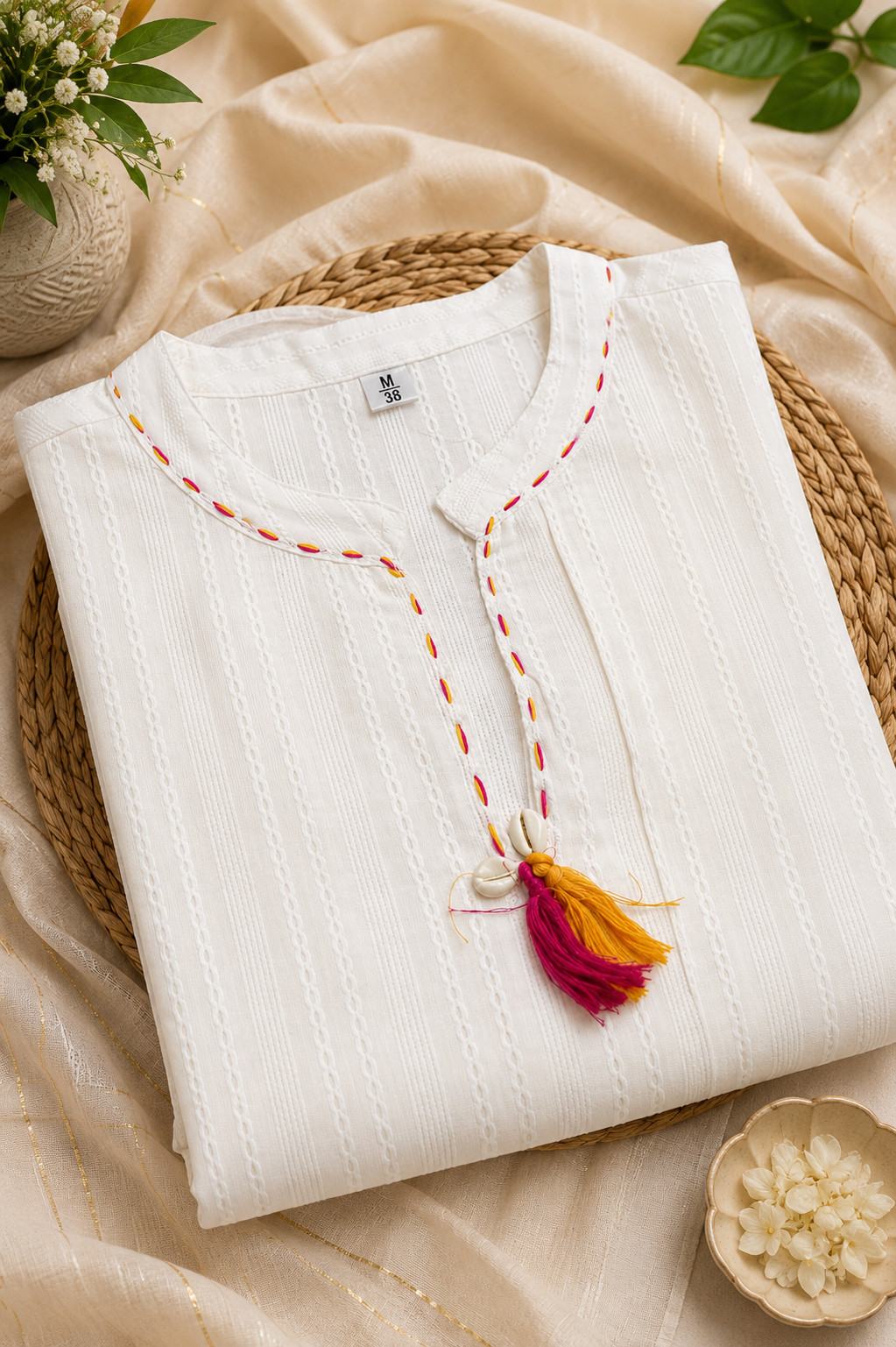 White Cotton Embroidered Kurta Set with Ombre Dupatta, Indian 3 Piece Suit