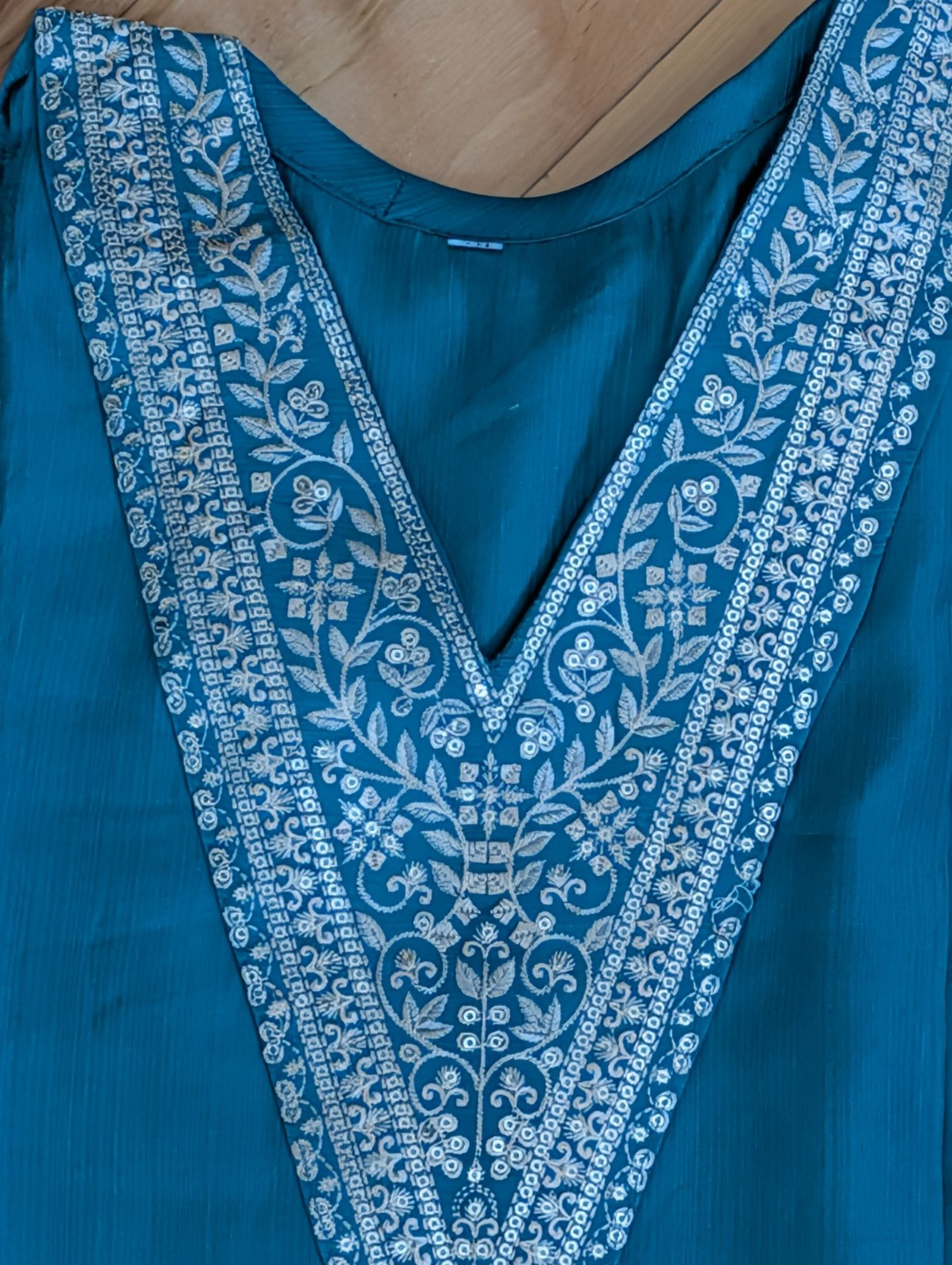Kurta Kurti Top Tunic Teal Sequin Embroidery V-Neck Cotton Party Festive Wear XL