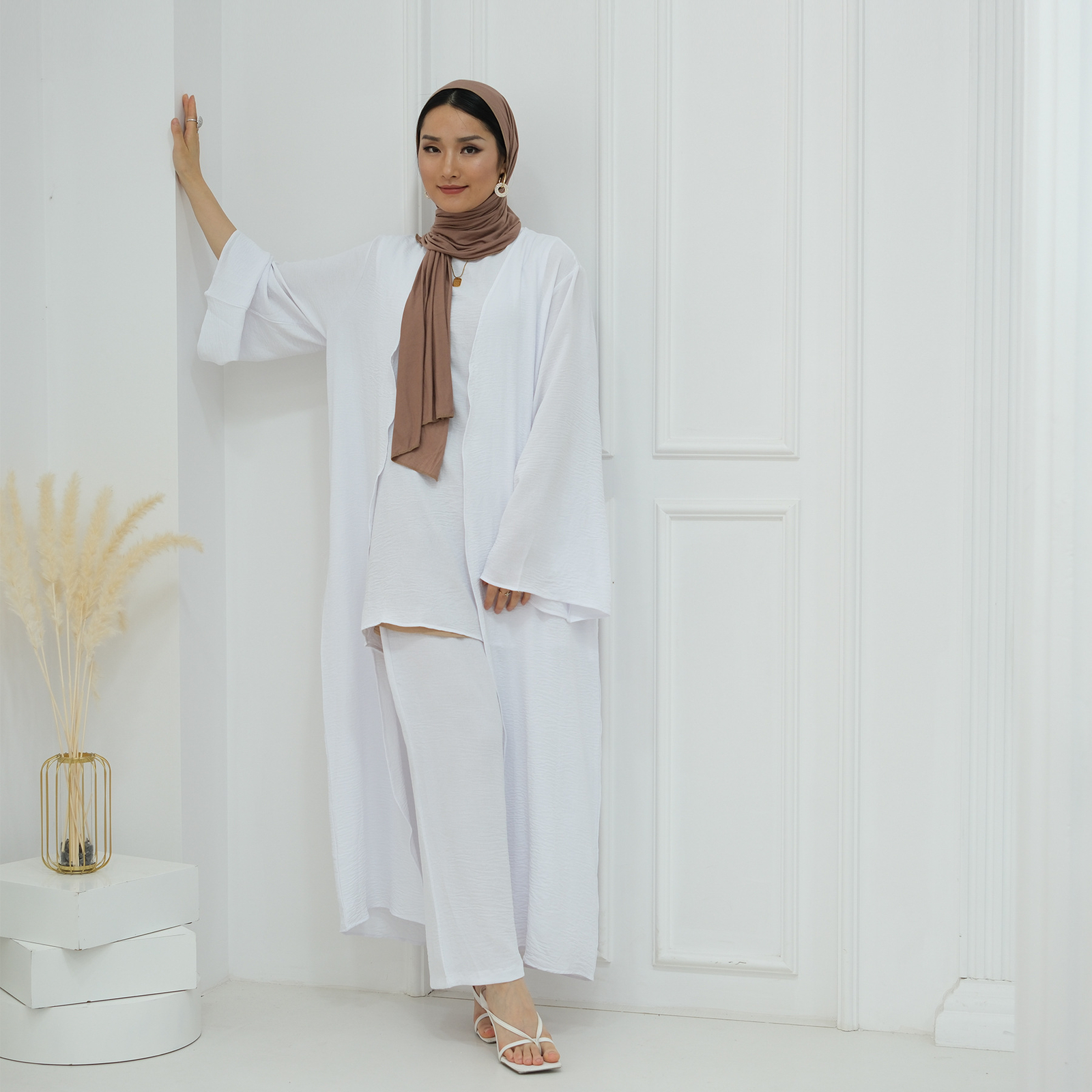 Muslim Women 3pcs Set Open Kimono Vest Pants Kaftan Dress Dubai Abaya Outfits