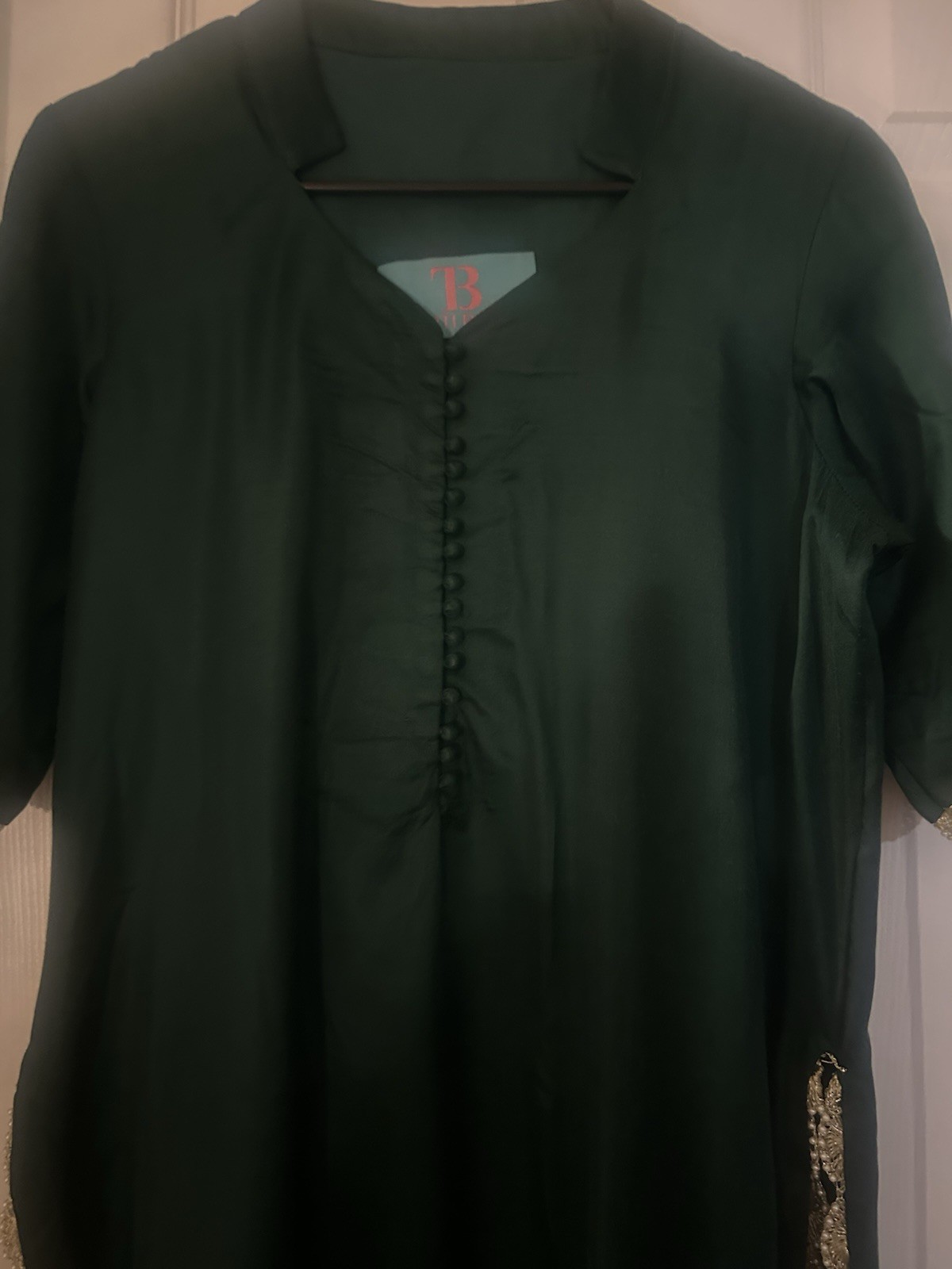 Trupti Bhula Women’s Green Kurta Tunic Dress Gold Trim, Size M, Woven
