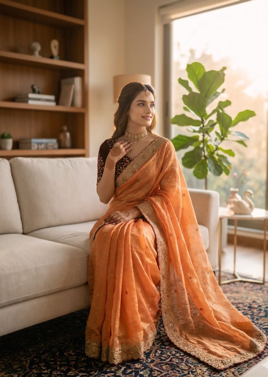 Orange Organza Silk Saree Embroidered Party Wear Designer Blouse Women Peach
