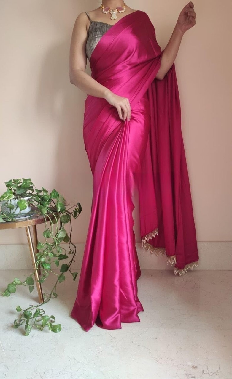 Solid/Plain Bollywood Satin, Silk Blend Saree (Pink)