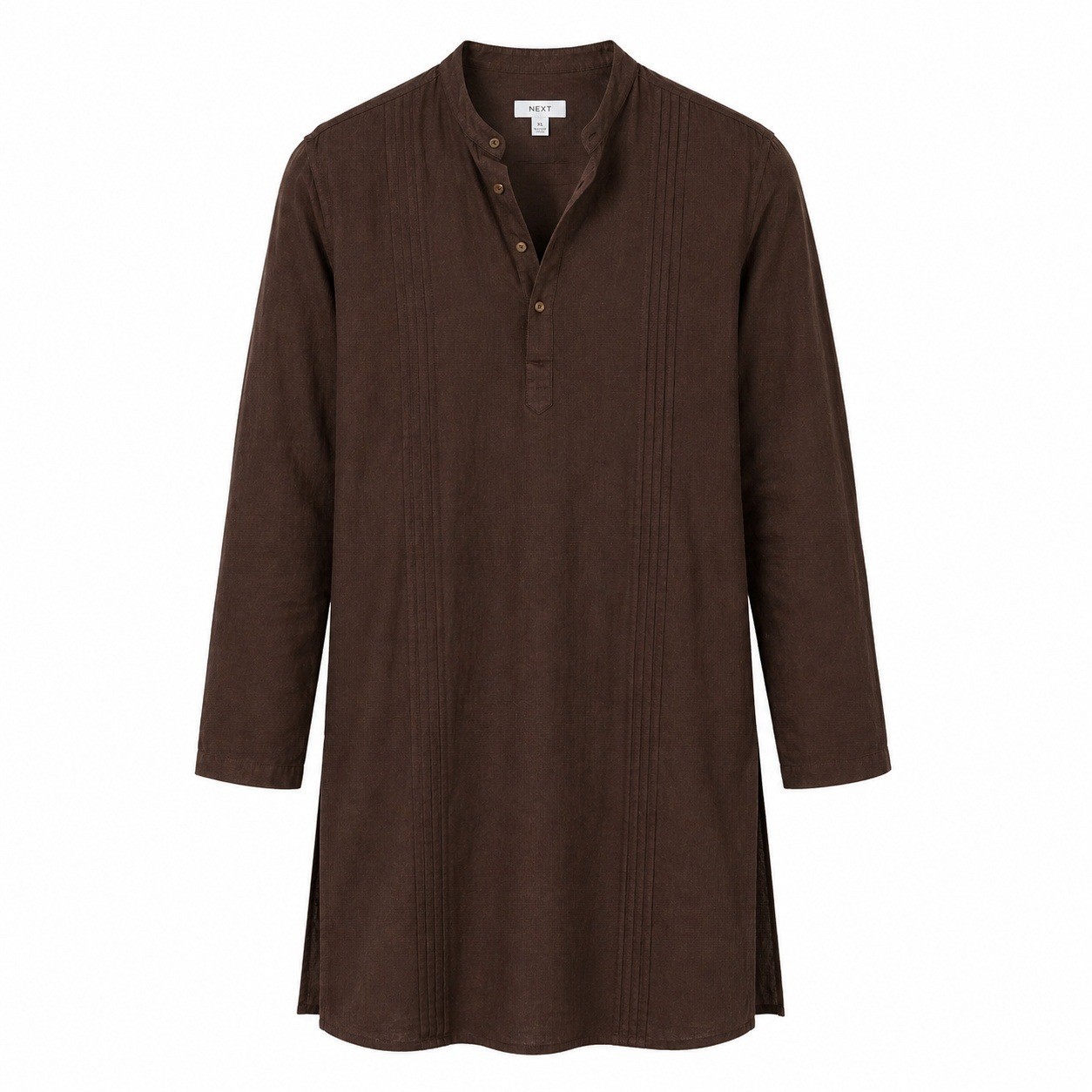 Next Mens Brown Linen Blend Pin-Tuck Longline Kurta Shirt XL NWT