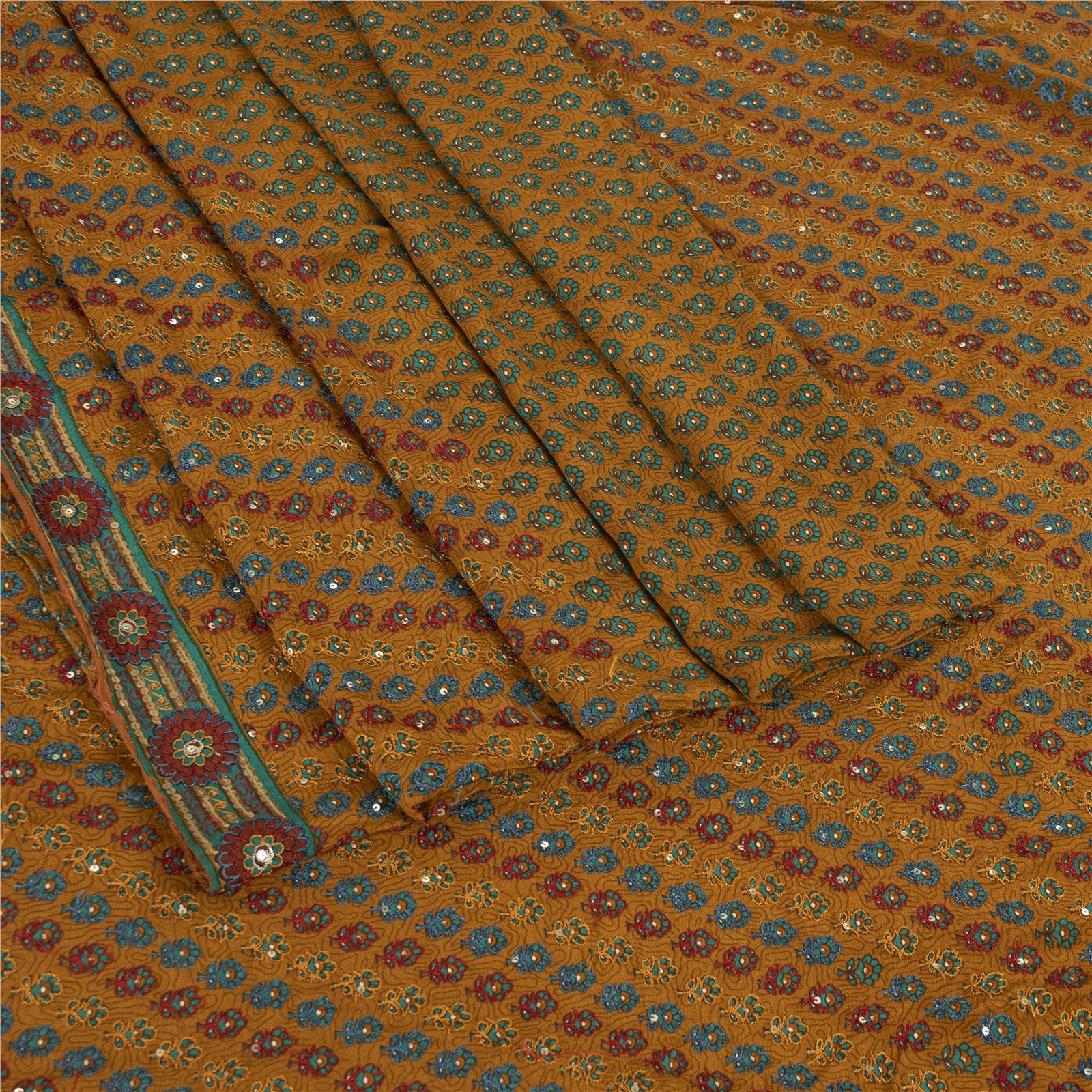 Sanskriti Vintage Yellow Sarees Pure Crepe Hand Embroidery Sari 6Yd Craft Fabric