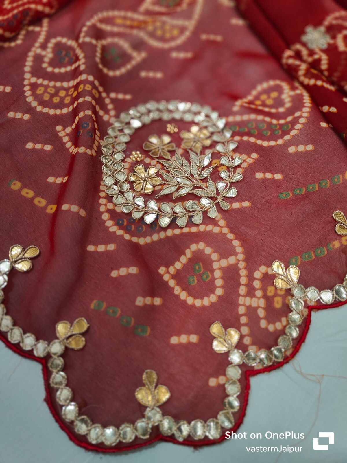 Gota Patti Red Yellow Chunri Bandhani Saree Hand Embroidery Wedding Bandhej Sari