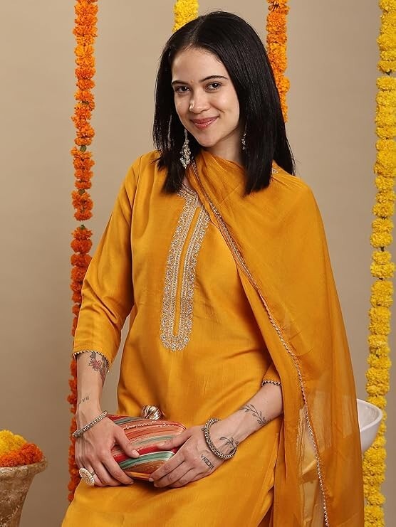 Women Silk Embroidered Yellow Kurta With Pant & Dupatta ,Plus Size Salwar Kameez