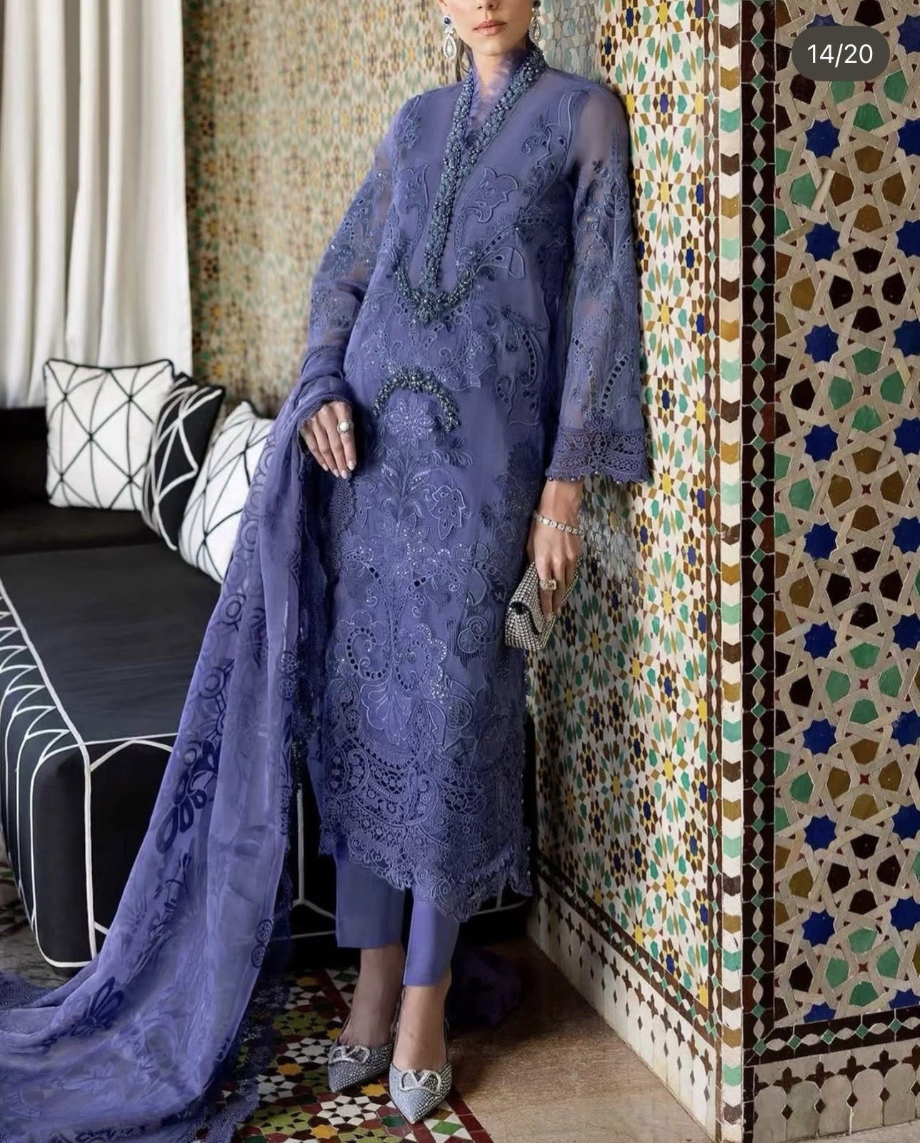 Women’s Pakistani Unstitched Chiffon Lace Embroidered Salwar Kameez Purple