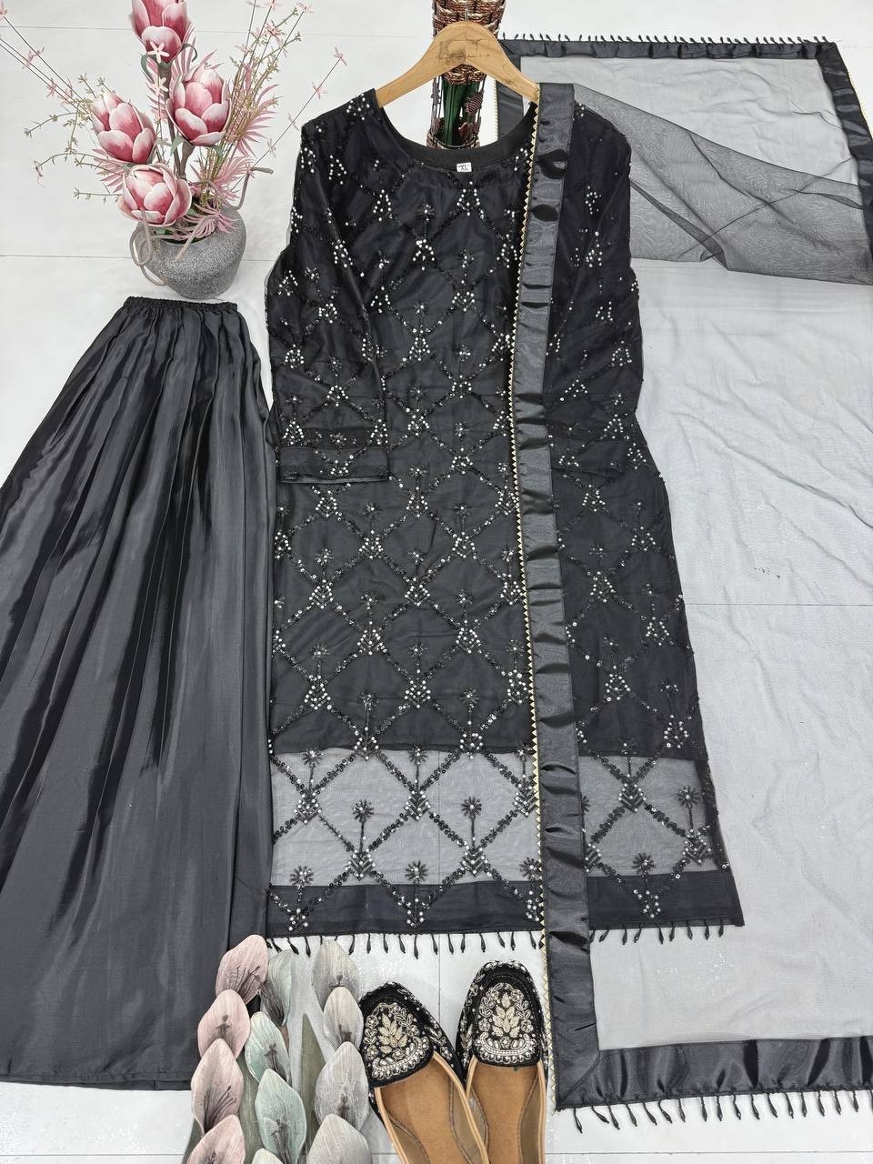 Attractive Reception Wear Soft Net Kurta Palazzo With Dupatta For Women