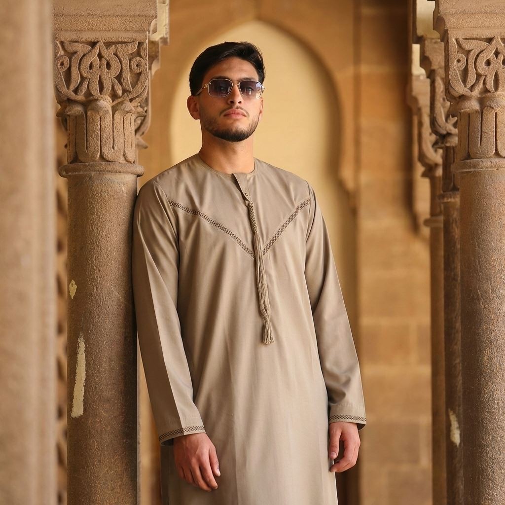 Men Beige Thobe Emirati Omani Jubba Islamic Embroidery Muslim Eid String Tassel