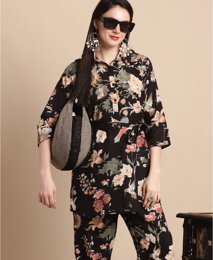 Women’s Black Summery Floral Kurta Top And Bottom Ethnic Suits Shirt Size Large