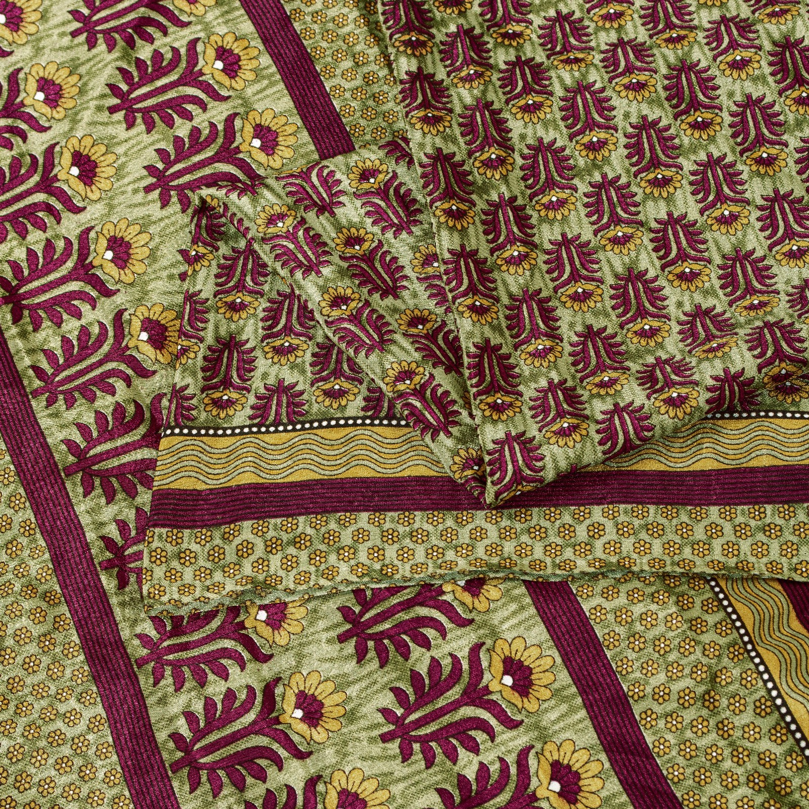 Sanskriti Vintage Craft Supplies Home Deco Green Floral Print 5Yd Sari Art Silk