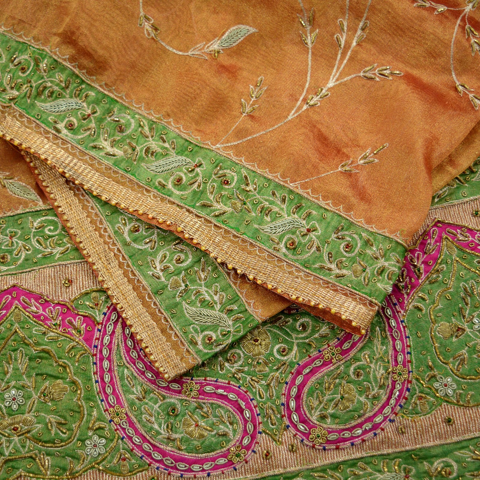 Vintage Heavy Golden Dupatta Pure Tissue Silk Long Stole Hand Embroidered Scarf