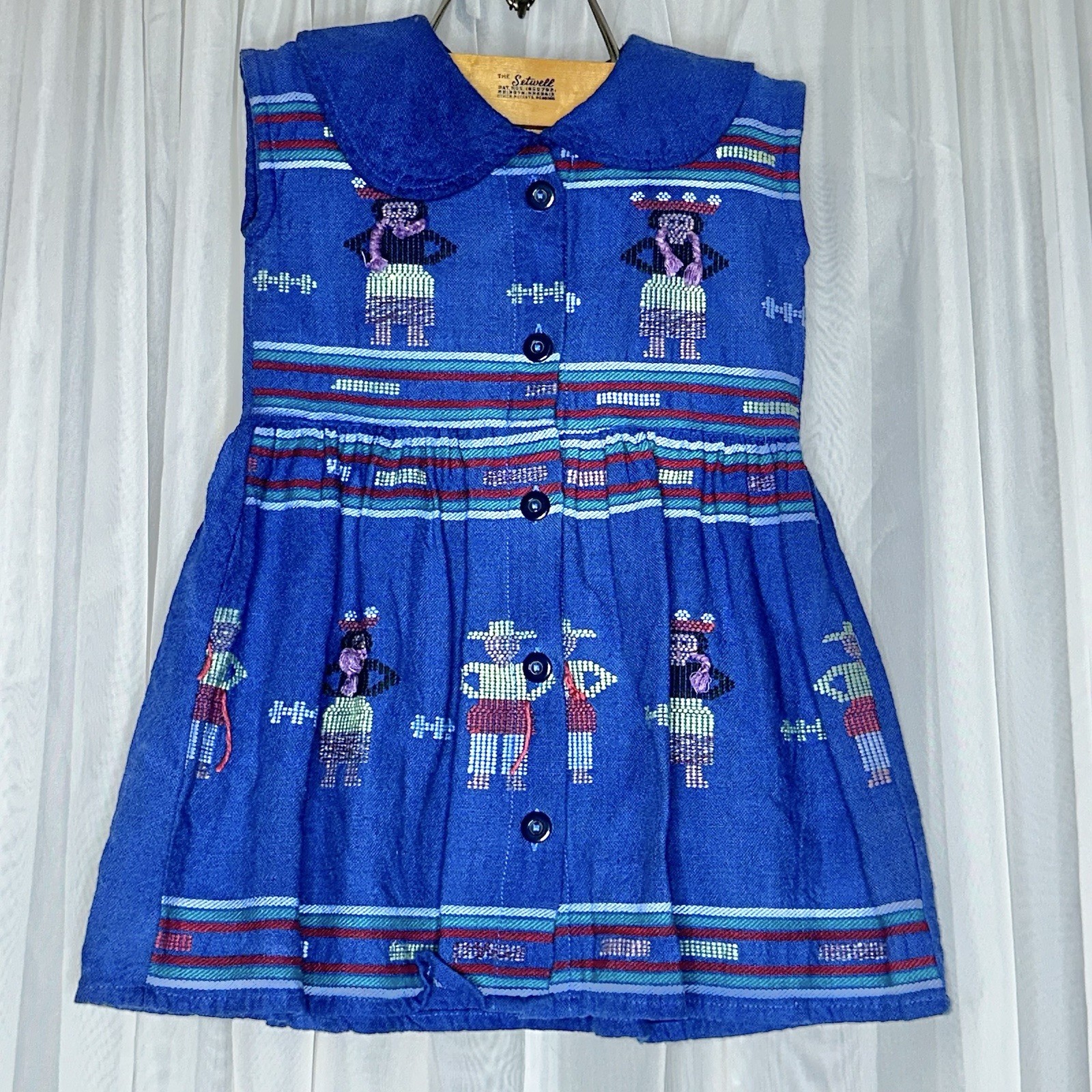 VTG Traditional Mexican Embroidered Guatamla Blue 100% Cotton Smock Dress Medium